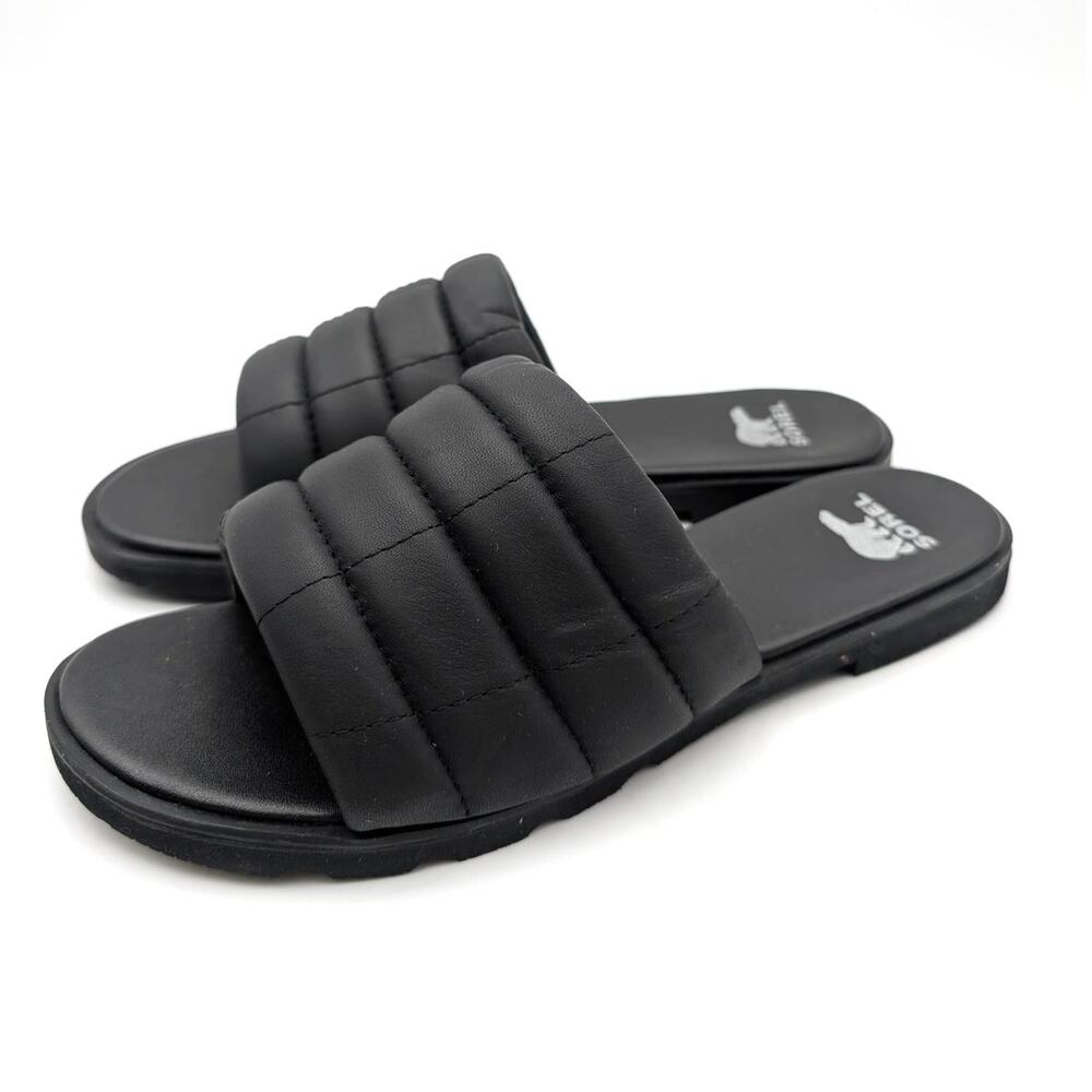 Sorel Ella III Quilted Puff Slide Sandals Open Toe Women's Black Size US8 EU39
